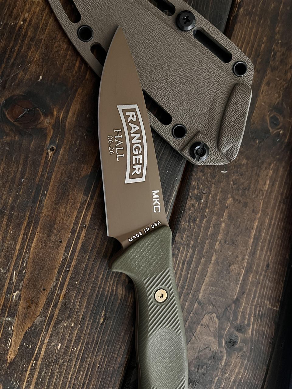 Montana Knife Co. fixed blade with FDE finish engraved Ranger Hall 06-26 MKC